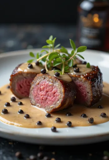 Emufilet med pebersauce serveret med grøntsager.