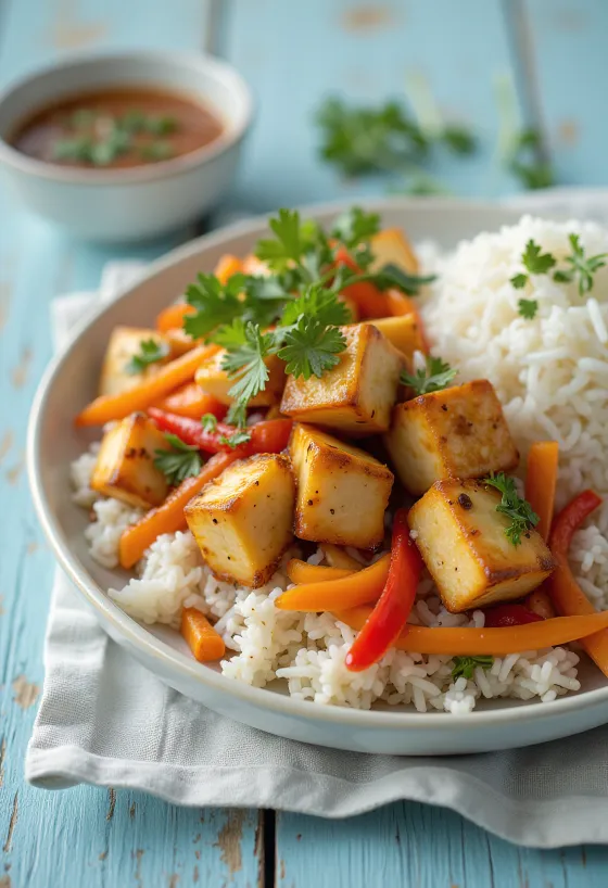 Krydret tofu med ris og grøntsager serveret
