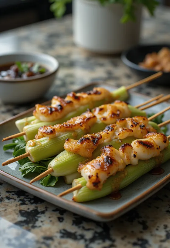 Ikada yakitori porre på spyd, serveret med sesamfrø og friske forårsløg