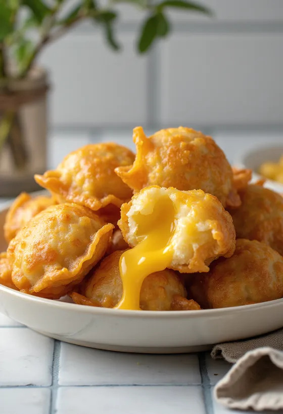 Gyldne keto oste-dumplings serveret på en tallerken