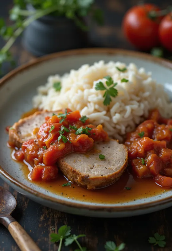 Nakkekotelet med lecsó og dampede ris serveret