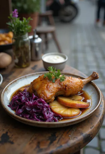 Stegt and med æblekål serveret