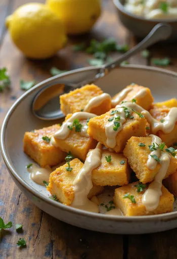 Stegt tofu med tahin-citrondressing serveret med frisk persille og sesamfrø
