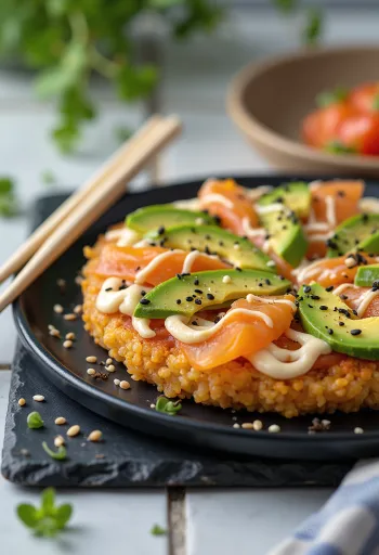 Sushi pizza med japansk risbund, laks og avocado