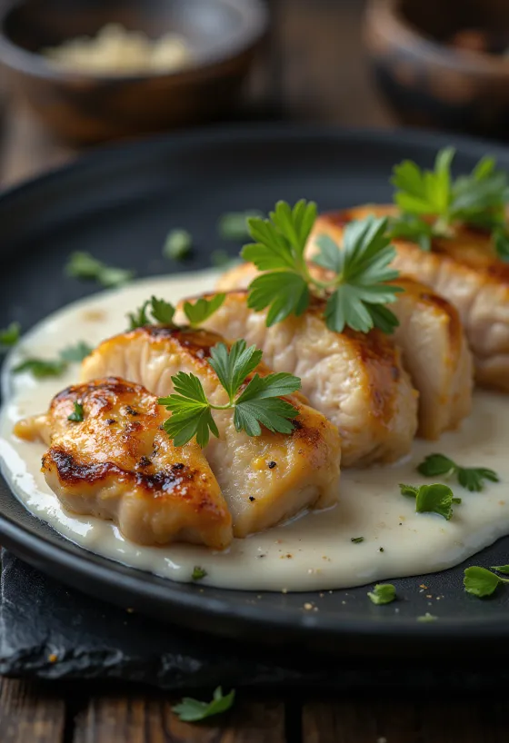 Kyllingebryst med dild-creme fraiche sauce serveret