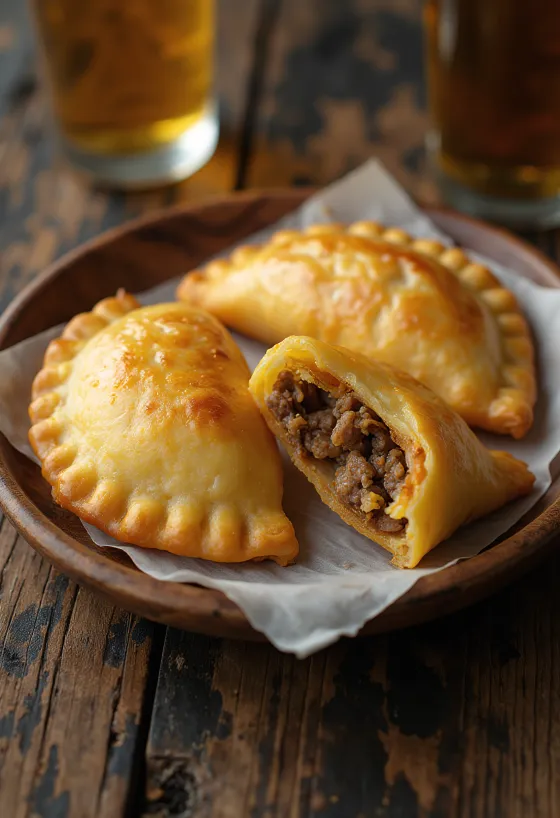 Empanadas med oksekød serveret med frisk salat