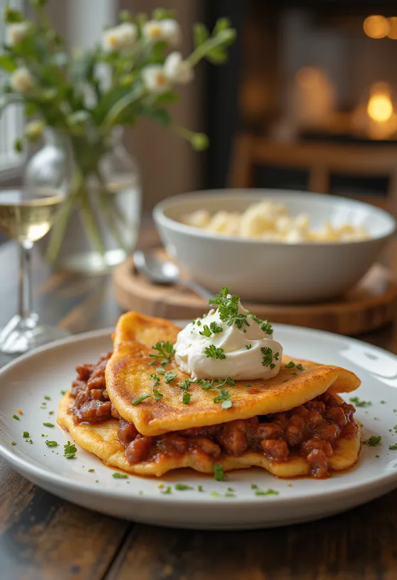 Gullasch-pandekage med gullaschfyld og creme fraiche på en tallerken