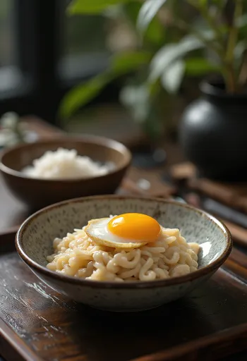 Nattō med æg, serveret med frisk porre og nori-tang