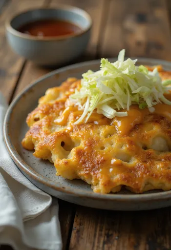 Okonomiyaki med tofu, jævnt stegt, serveret med frisk kål og tofustykker