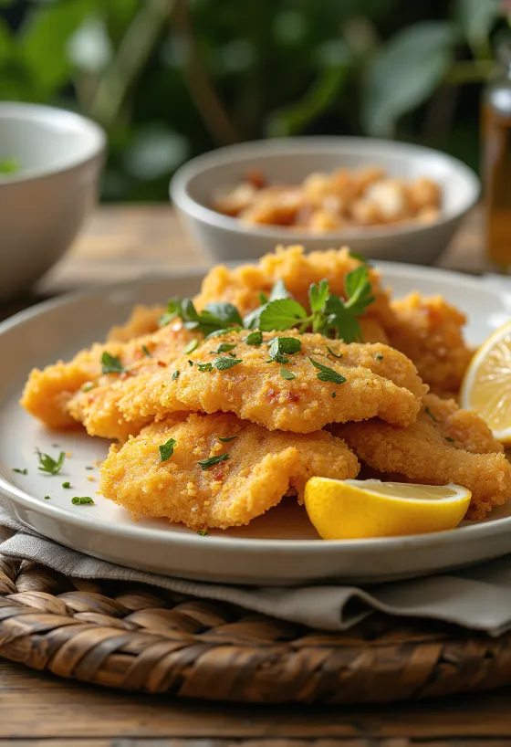 Paneret mallefilet med stegt andefedt, pyntet med citron og persille
