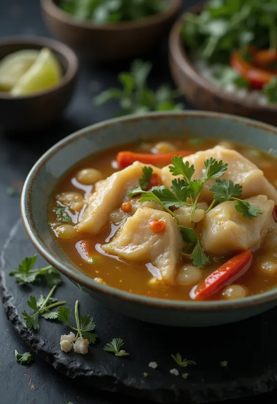 Sinigang med hytteost, fisk og grøntsager i en skål, pyntet med frisk koriander og lime