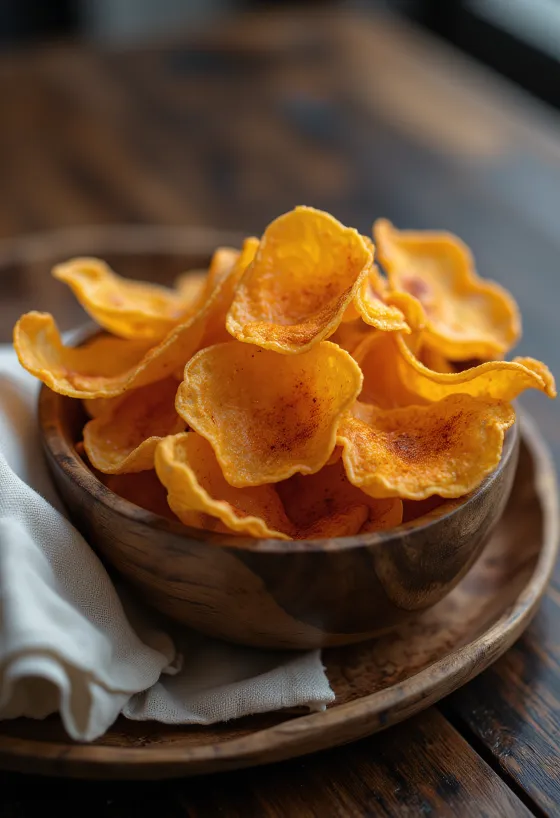 Bagte sød kartoffel chips, gyldenbrunt bagte, serveret på en tallerken.
