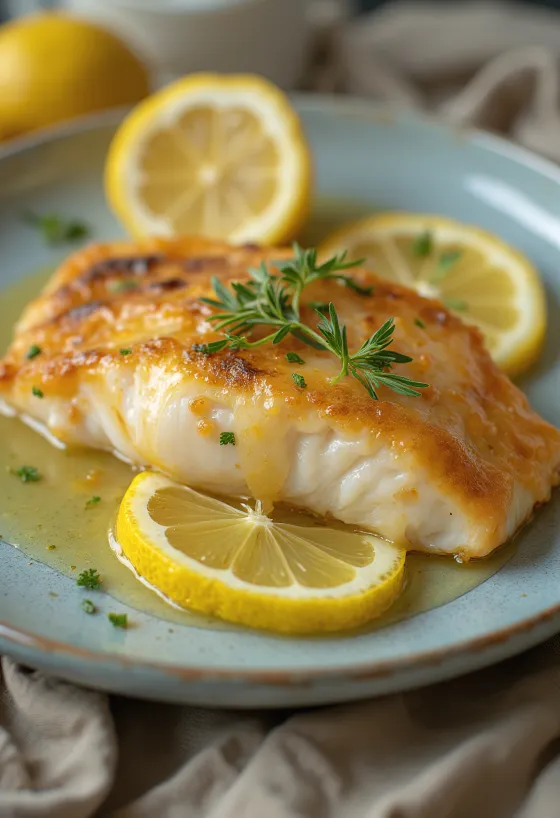 Stegt fisk med citronsauce serveret