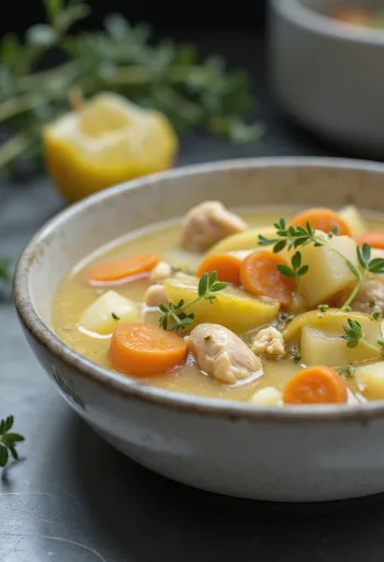 Cremet estragon-ragoutsuppe med kyllingekød, grøntsager og pyntet med frisk estragon.