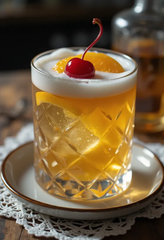 Whisky Sour cocktail pyntet med appelsinskive og cocktailkirsebær