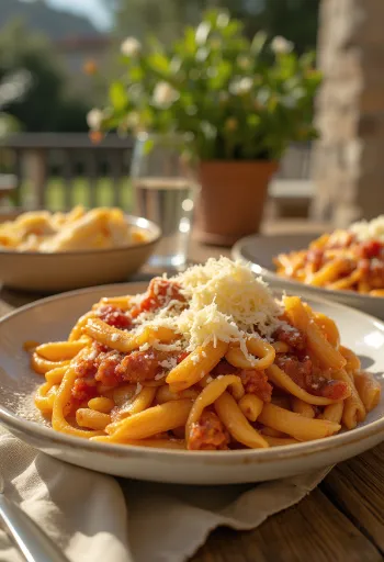 Pasta med aubergine, saftig tomatsauce og serveret med frisk basilikum