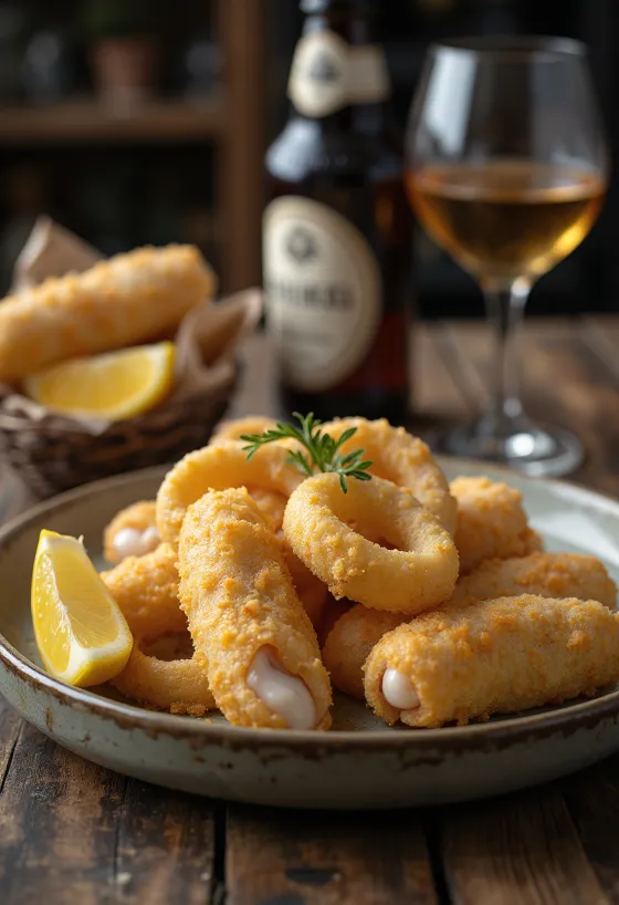 Paneret blæksprutte med svinekød, i sprød panering med citron og persille