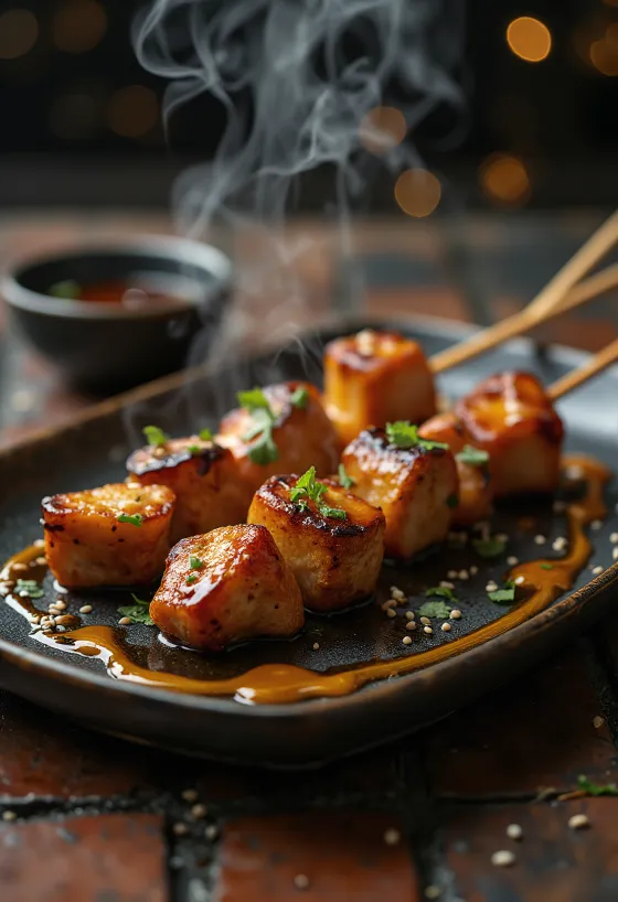 Satay med sojasauce, grillede kyllingespyd i sojasaucemarinade
