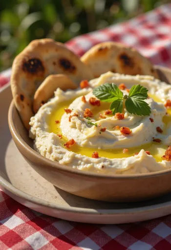 Klassisk Tirokafteri, rig fetaostecreme serveret med pitabrød og grøntsager