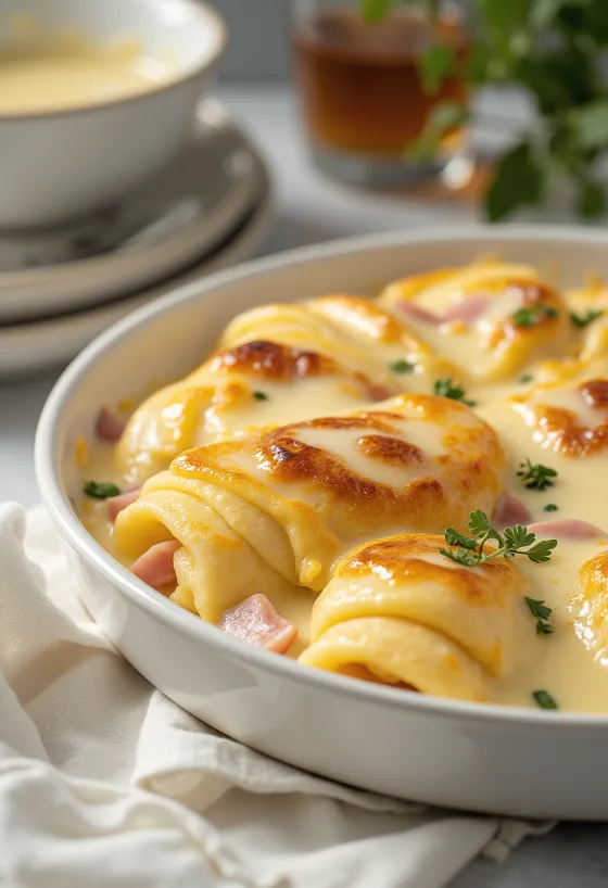 Bagt pandekage med skinke og bechamel