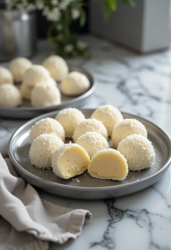 Brigadeiro med hvid chokolade kugler i farverigt krymmel, serveret