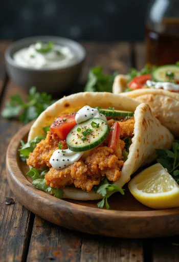 Kyllingegyros serveret med friske grøntsager, tzatziki-sauce og pitabrød.