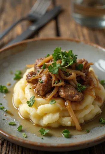 Kyllingelever med løg og knuste kartofler serveret