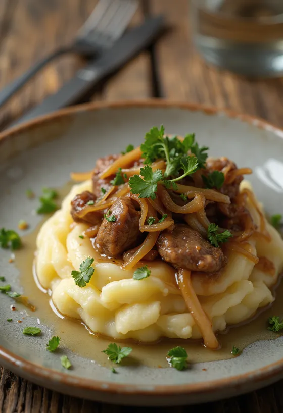 Kyllingelever med løg og knuste kartofler serveret