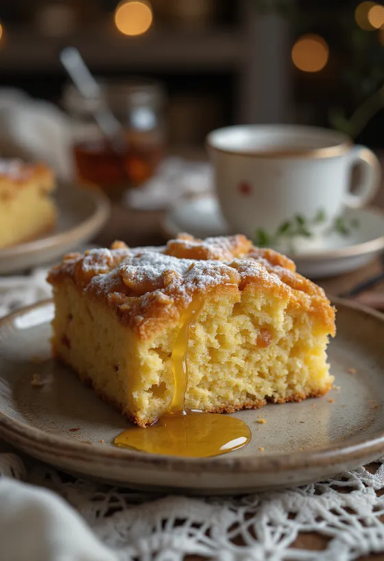 Ingefærkage med gyldenbrun, mør tekstur, drysset med flormelis.