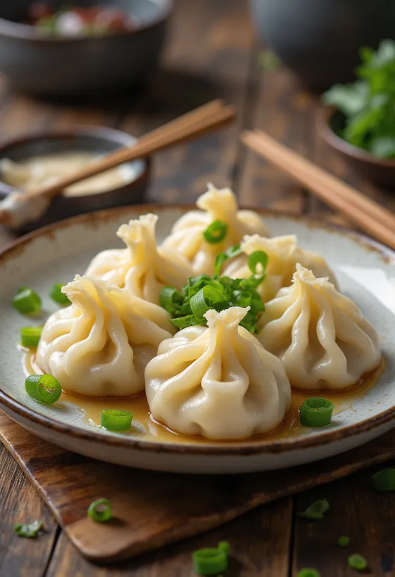 Kinesiske jiaozi serveret, kogt tilstand, på lys porcelænstallerken