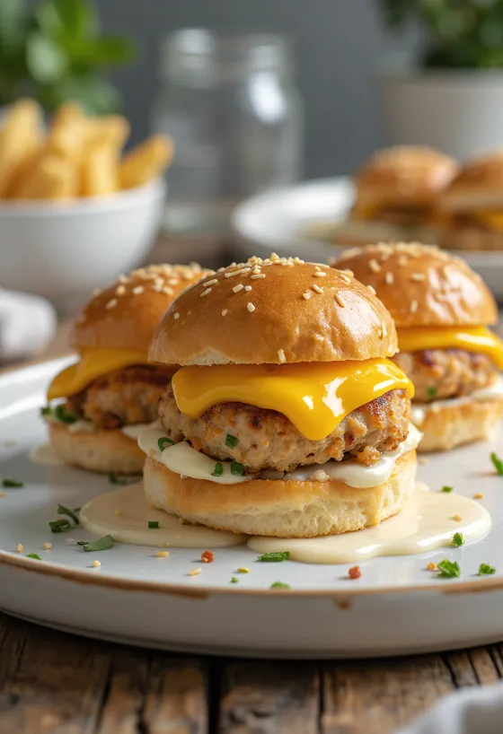 Mini kyllingeburger med grillet kyllingebøf og smeltet ost