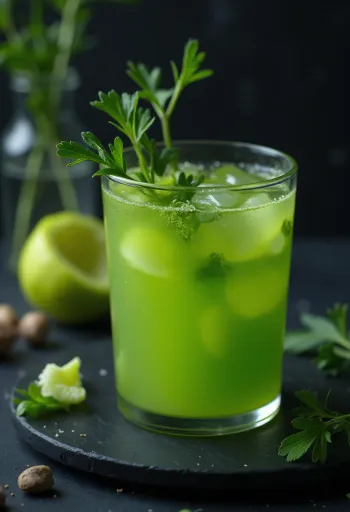 Sellerijuice i højt glas, pyntet med friske selleristængler og frugt