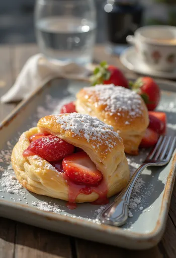 Friskbagt, sprød jordbærstrudel drysset med flormelis.