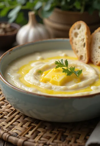 Hvidløgs-blomkålscremesuppe serveret