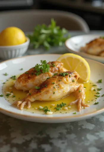 Frølår i hvidløgssmør serveret med frisk persille og citron.