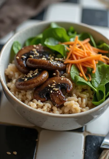 Vegansk Buddha Bowl med svampe serveret