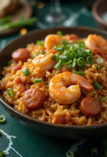 Jambalaya med rejer og pølse, rigt krydret risret