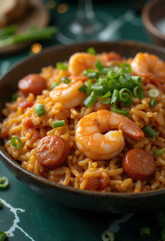 Jambalaya med rejer og pølse, rigt krydret risret