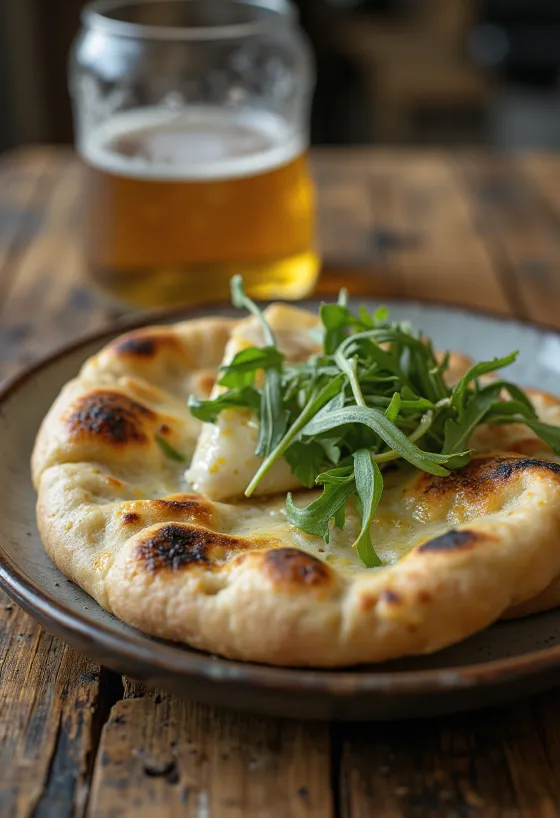 Naanbrød med gedeost og rucola serveret