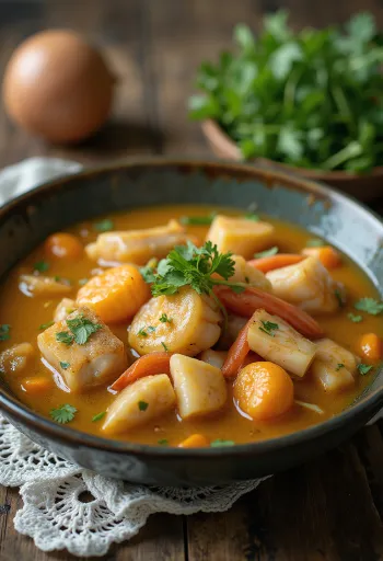 Sancocho de pescado, caribisk fiskesuppe serveret med skaldyr og grøntsager