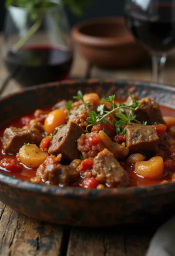Stifado, græsk oksegryde serveret