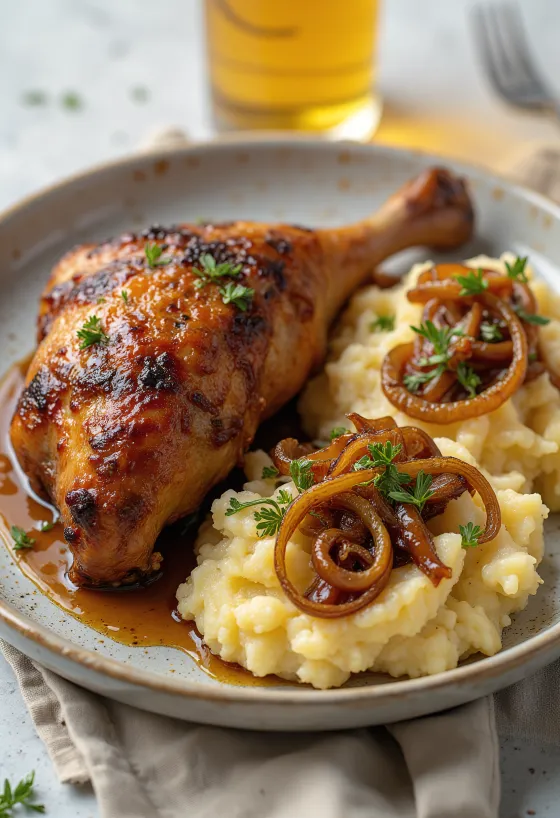 Stegt and med løg-kartoffelmos serveret