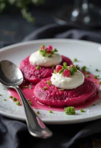 Lilla borsjtj pandekage med dild og creme fraiche