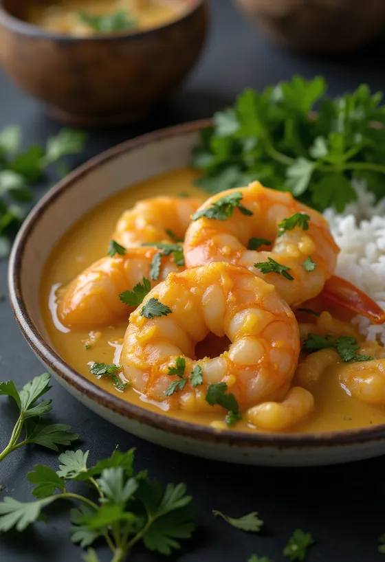 Chingri malai serveret med koriander