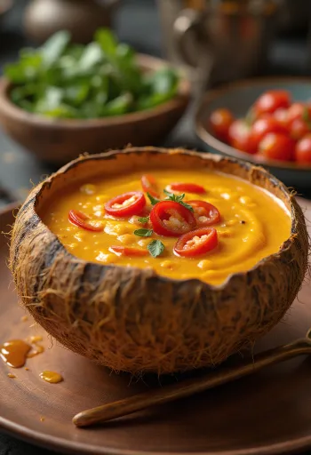 Krydret chili-kokosmælkssauce i en skål, med frisk koriander og chiliskiver.