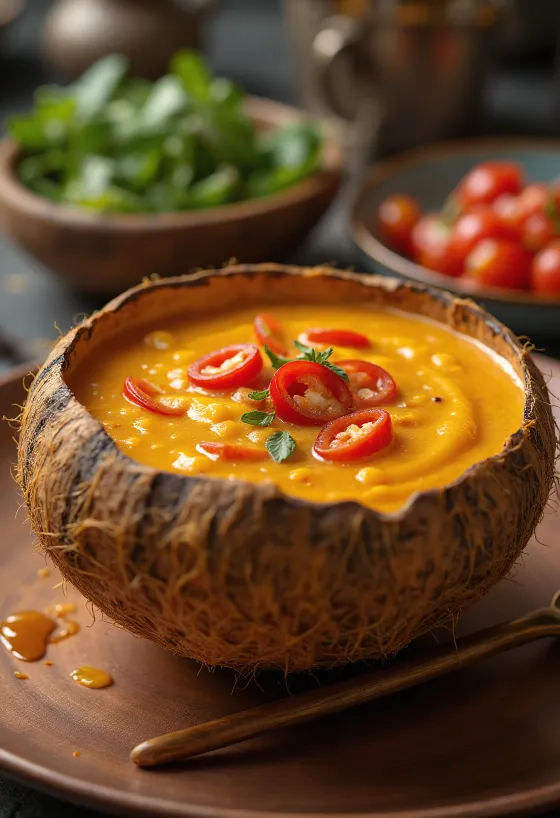 Krydret chili-kokosmælkssauce i en skål, med frisk koriander og chiliskiver.