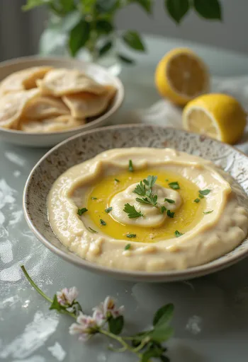 Tahini-citronsauce serveret med pita og grillede grøntsager