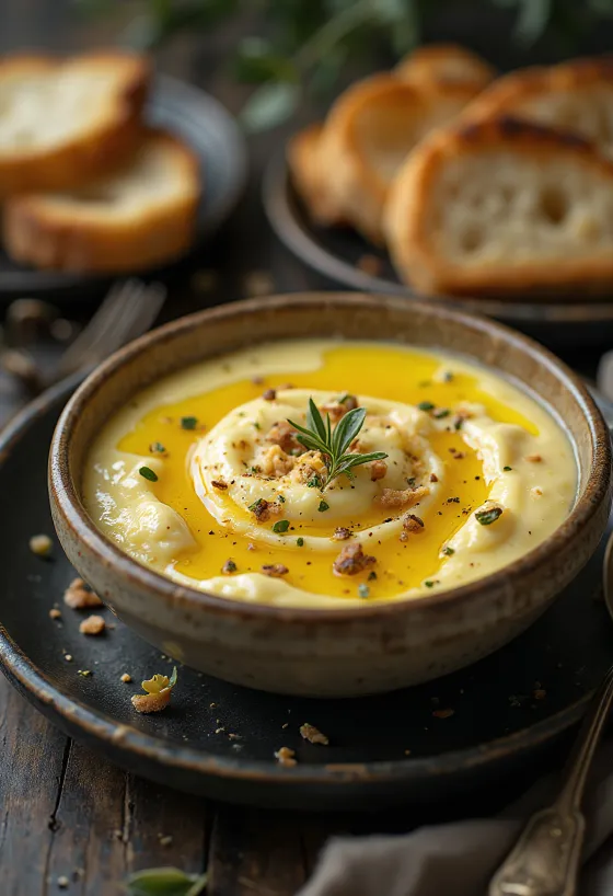 Auberginecreme med blød og cremet konsistens, serveret med friske krydderurter og olivenolie