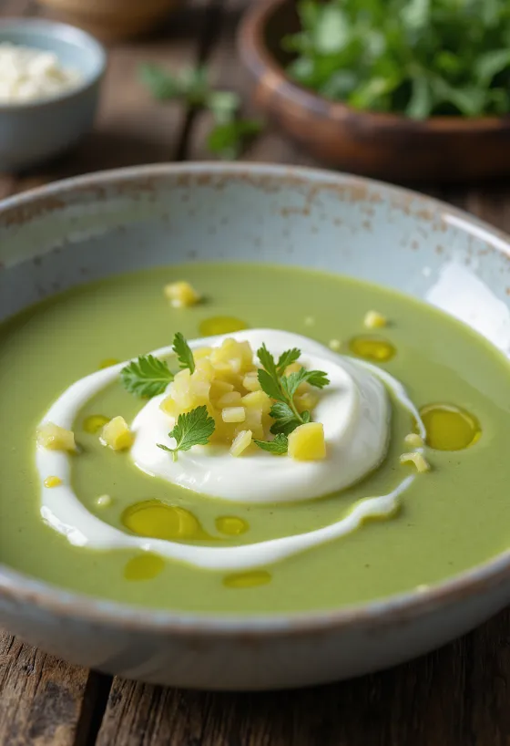 Cremet porresuppe serveret med yoghurt, pyntet med porreringe og frisk persille
