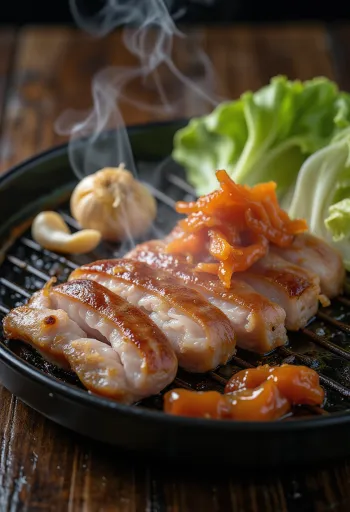 Samgyeopsal serveret med salatblade og kimchi